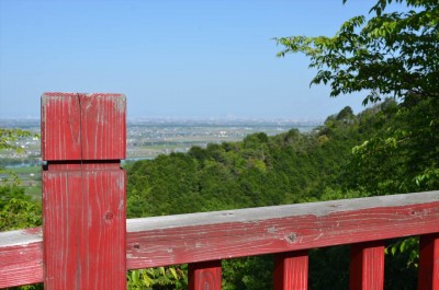月見の森にある赤い橋から景色を望む